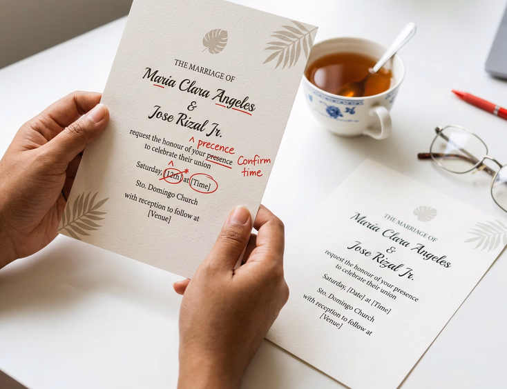 A close-up of a Filipino woman's morena hands holding a printed wedding invitation draft marked with red pen corrections, with a clean second draft, a cup of tea, and reading glasses nearby on a bright white desk.