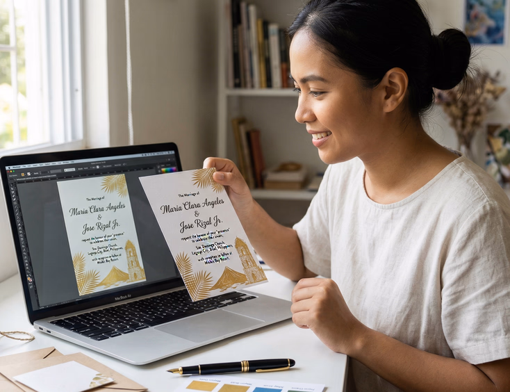 A Filipino woman in her late 20s sits at a bright desk comparing a printed wedding invitation proof against a design mockup on her laptop screen, holding the card up beside the screen with a focused expression, surrounded by stationery samples, a color palette swatch card, and a pen.