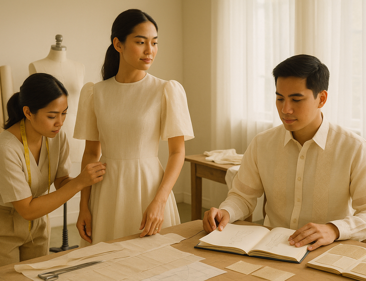 Young Filipino couple in an artisan atelier bride in a toile fitting while the couturier marks seams groom in barong reviewing sketches and fabric swatches