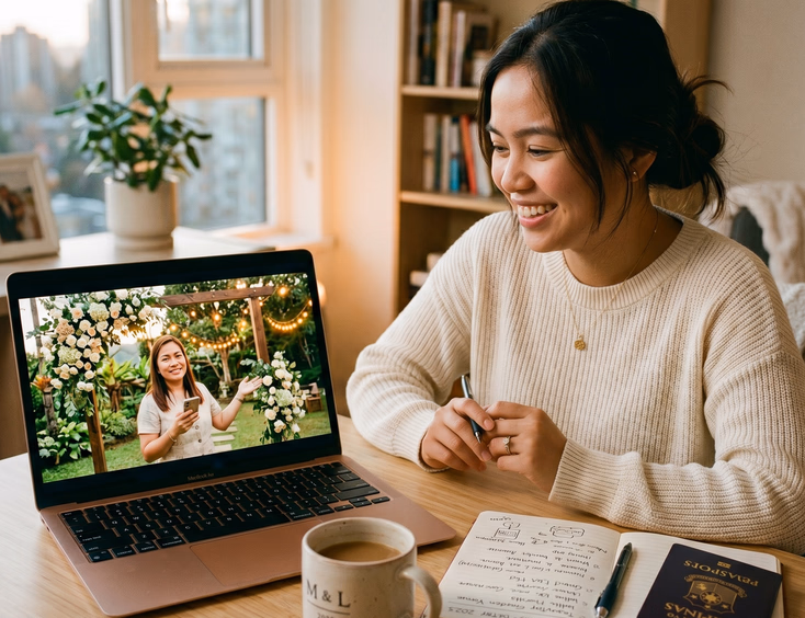 Filipino bride abroad video calling her wedding coordinator for a live walkthrough of a Tagaytay garden venue