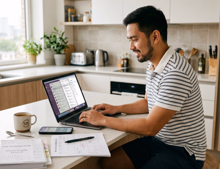 Filipino groom overseas managing wedding coordination through Viber, Gmail, and Google Drive from his apartment kitchen