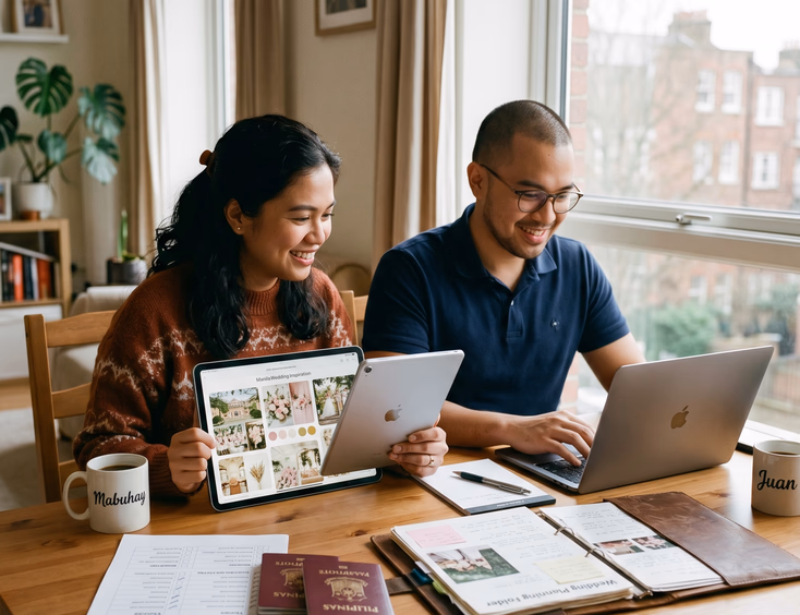 Filipino couple abroad sending wedding brief to coordinator with mood board, budget details, and supplier list