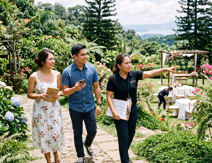 Filipino couple on pre-wedding visit walking through Tagaytay garden venue with coordinator during ocular visit