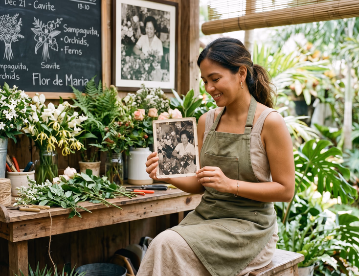 Filipino wedding florist holding an old family photo in her Cavite garden studio.