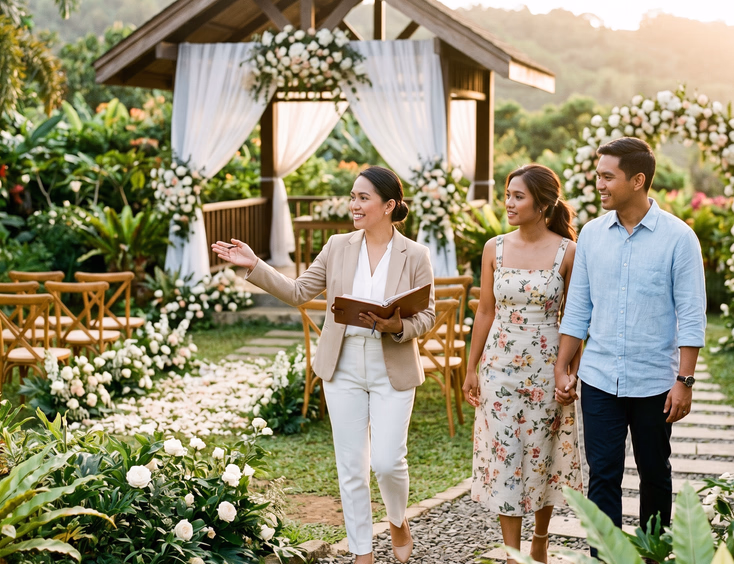 Filipino wedding coordinator touring a garden wedding venue in Tagaytay with an engaged couple.
