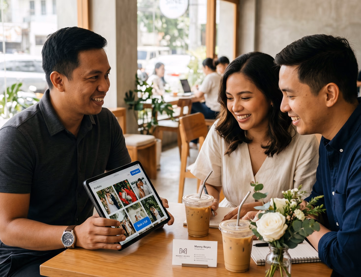 Filipino wedding photographer showing his digital portfolio on a tablet to a couple at a Quezon City café.