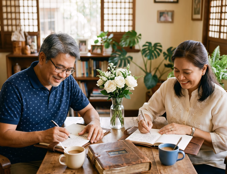 Filipino couple in their 50s sitting at a wooden desk at home, writing handwritten vow drafts near a family photo album and capiz windows.