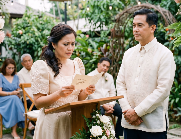 Filipino woman in a champagne Filipiniana reading generic vows from a printed card during a garden ceremony while her husband listens.