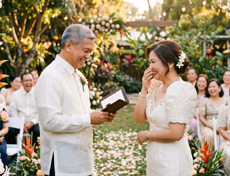 Joyful Filipino couple in traditional attire laughing during a garden vow renewal ceremony in golden light.