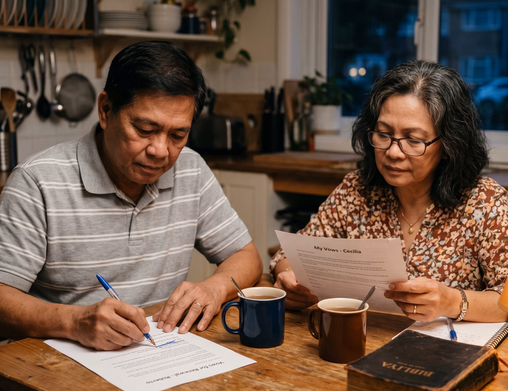 Senior Filipino couple in their 60s sitting at a quiet kitchen table reviewing and editing vow drafts before their renewal ceremony.