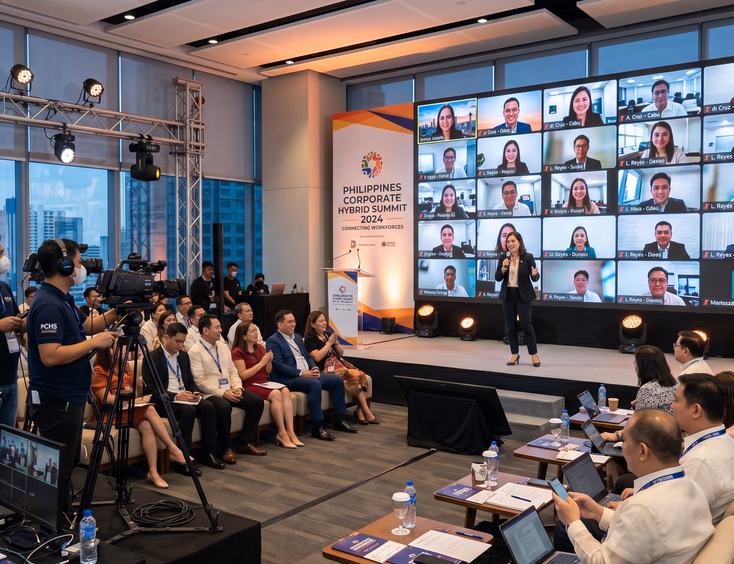 Filipino presenter on stage at a corporate hybrid event with cameras filming, a large screen showing remote attendees, and in-person guests.