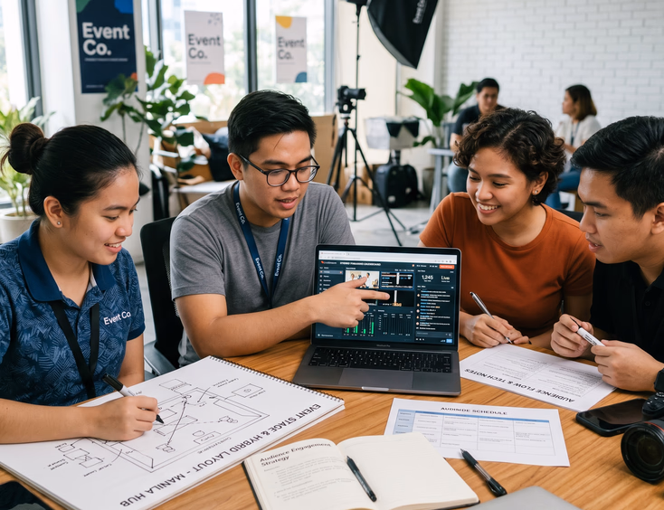 Filipino events team planning a hybrid event around a table, sketching a stage layout and reviewing a streaming dashboard on a laptop.