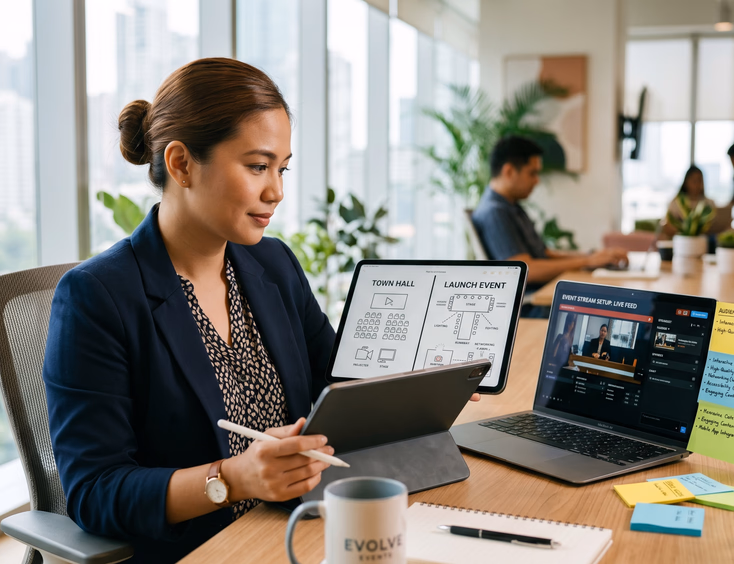 Filipino events planner reviewing hybrid event formats on a tablet at a desk, with a laptop showing a streaming setup.
