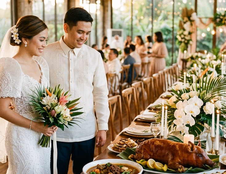 Filipino bride and groom in Filipiniana-inspired attire standing before a banquet table of traditional Filipino wedding food including lechon, kare-kare, and pancit in a candlelit venue