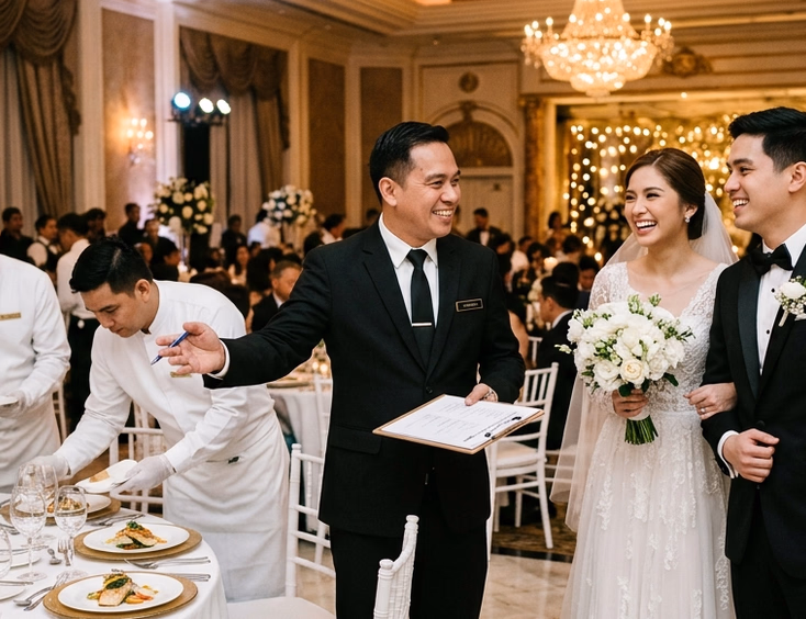 Filipino banquet manager coordinating with a bride and groom inside a Manila five-star hotel ballroom while waiters plate elegant courses on gold-accented tables with crystal glassware