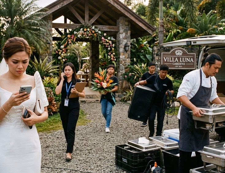 Stressed Filipino bride checking her phone outside a Tagaytay garden venue while a caterer unloads chafing dishes and coordinators, stylists, and sound technicians prepare the event