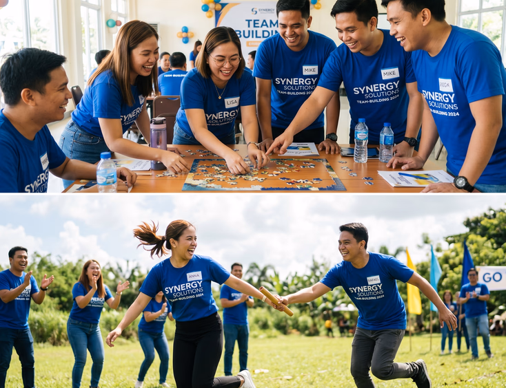Split scene of Filipino employees in matching company shirts enjoying indoor puzzle solving and an outdoor team building relay game.