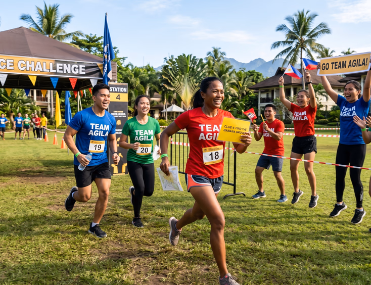 Filipino coworkers competing in an outdoor amazing race challenge, running on a resort grass field during a company team building day.