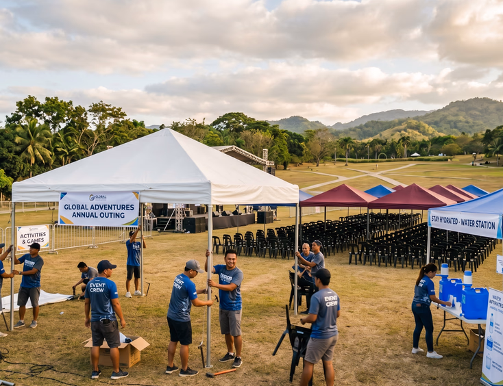 Filipino event staff setting up a large white event tent, shade canopies, and water stations on a grass field for a company activity.