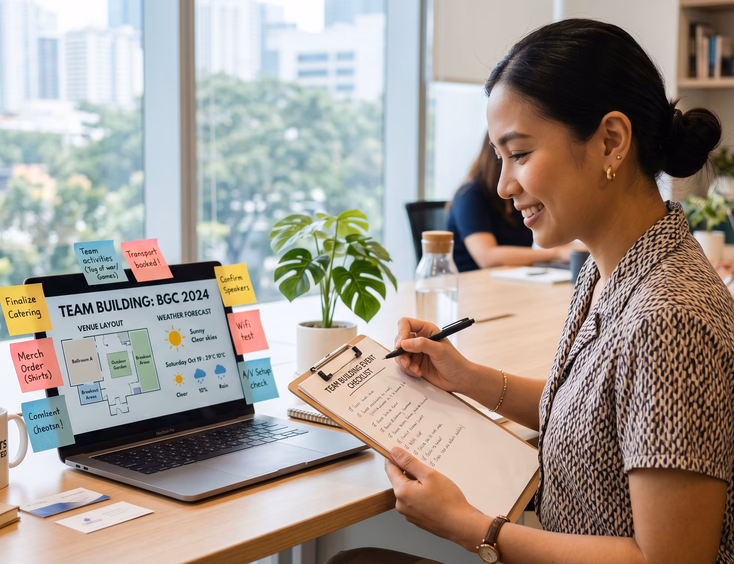 Filipino events planner in smart casual attire reviewing a team building checklist at a desk with a laptop showing the venue layout.