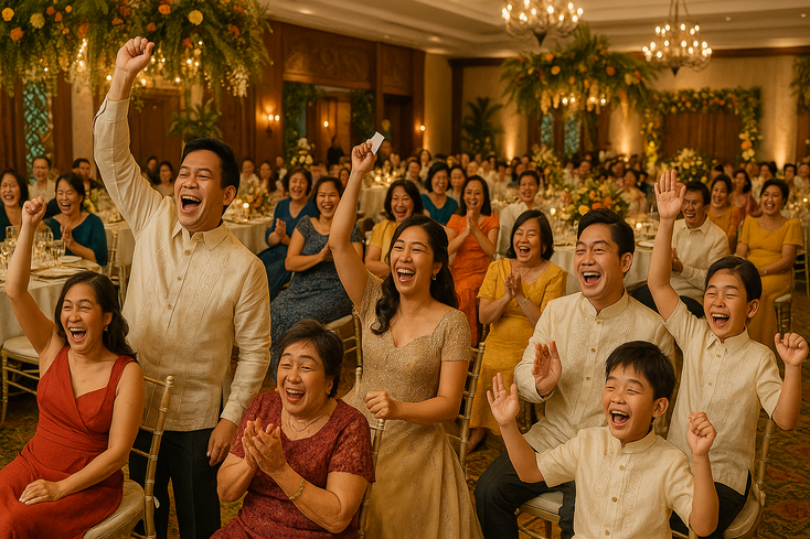 Guests enjoying fun indoor wedding games at a festive Philippine wedding reception.