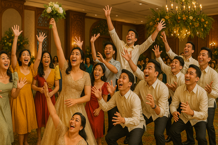Single guests playing the classic bouquet and garter toss at a Filipino wedding.