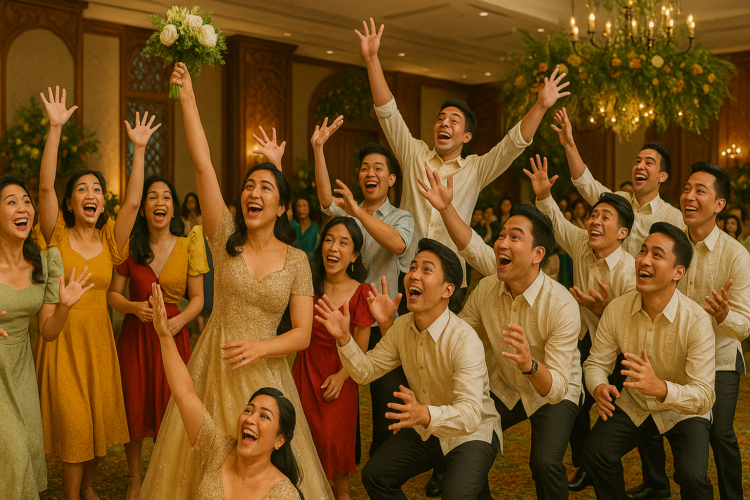Single guests playing the classic bouquet and garter toss at a Filipino wedding.