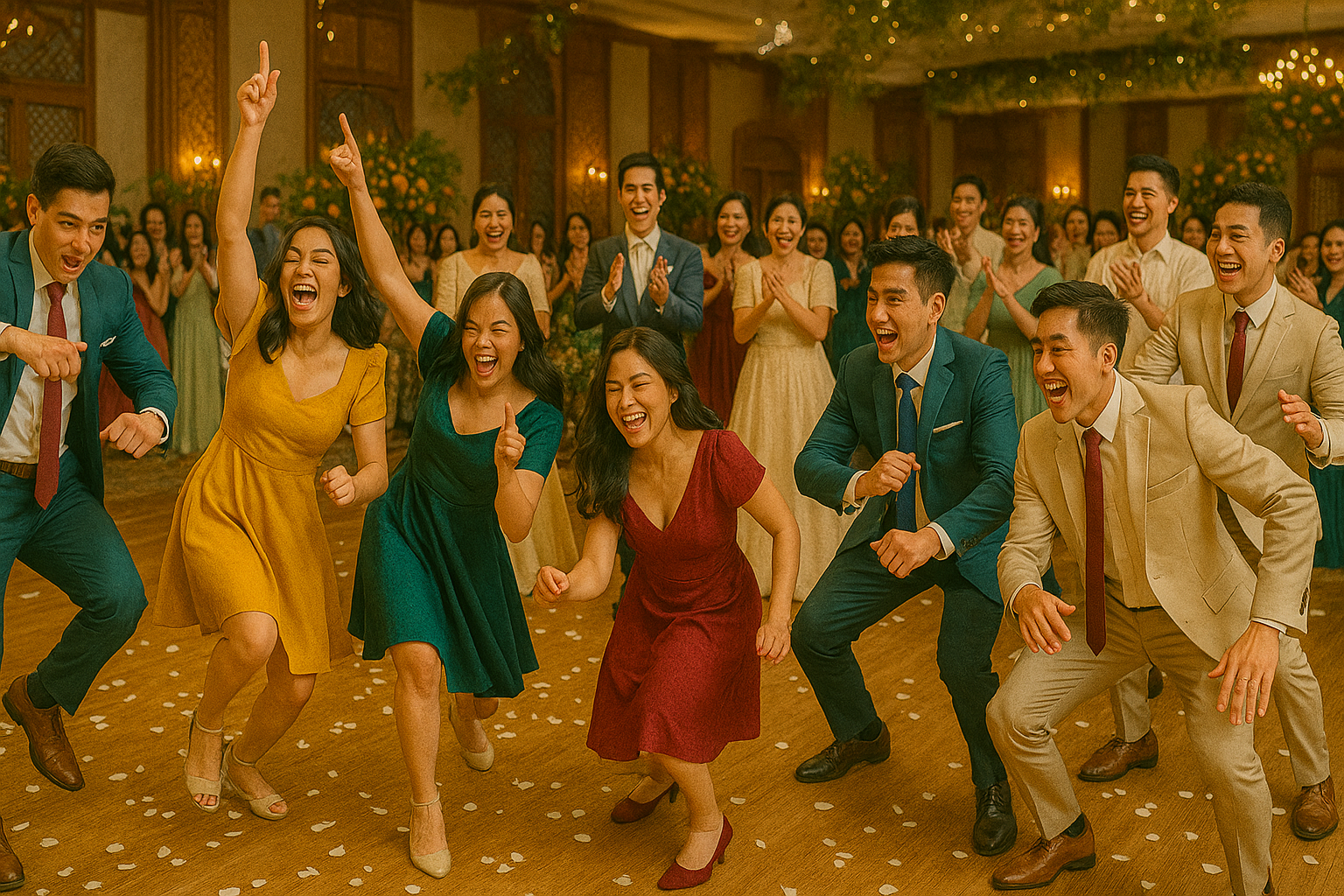 Bridesmaids and groomsmen competing in a lively dance challenge during a wedding.