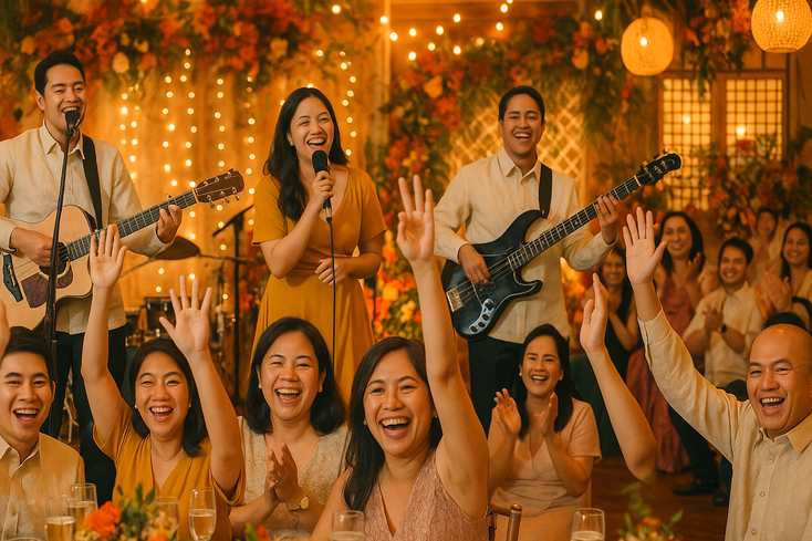 Wedding guests eagerly participating in a song guessing game at their tables.