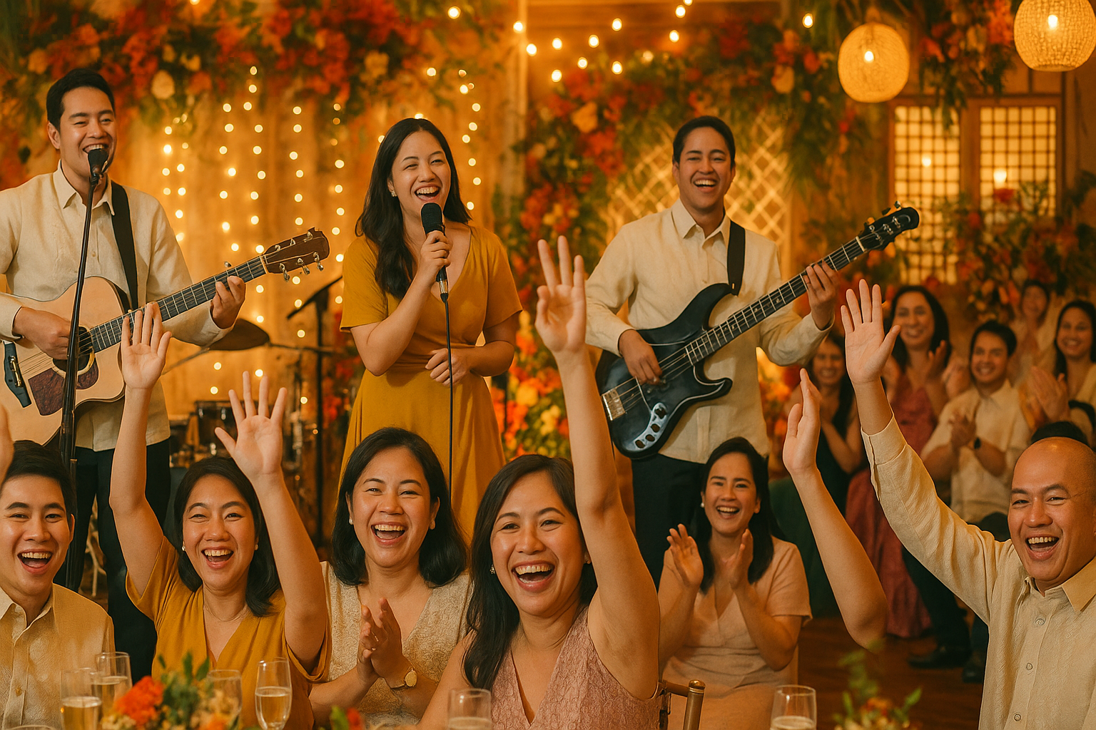Wedding guests eagerly participating in a song guessing game at their tables.