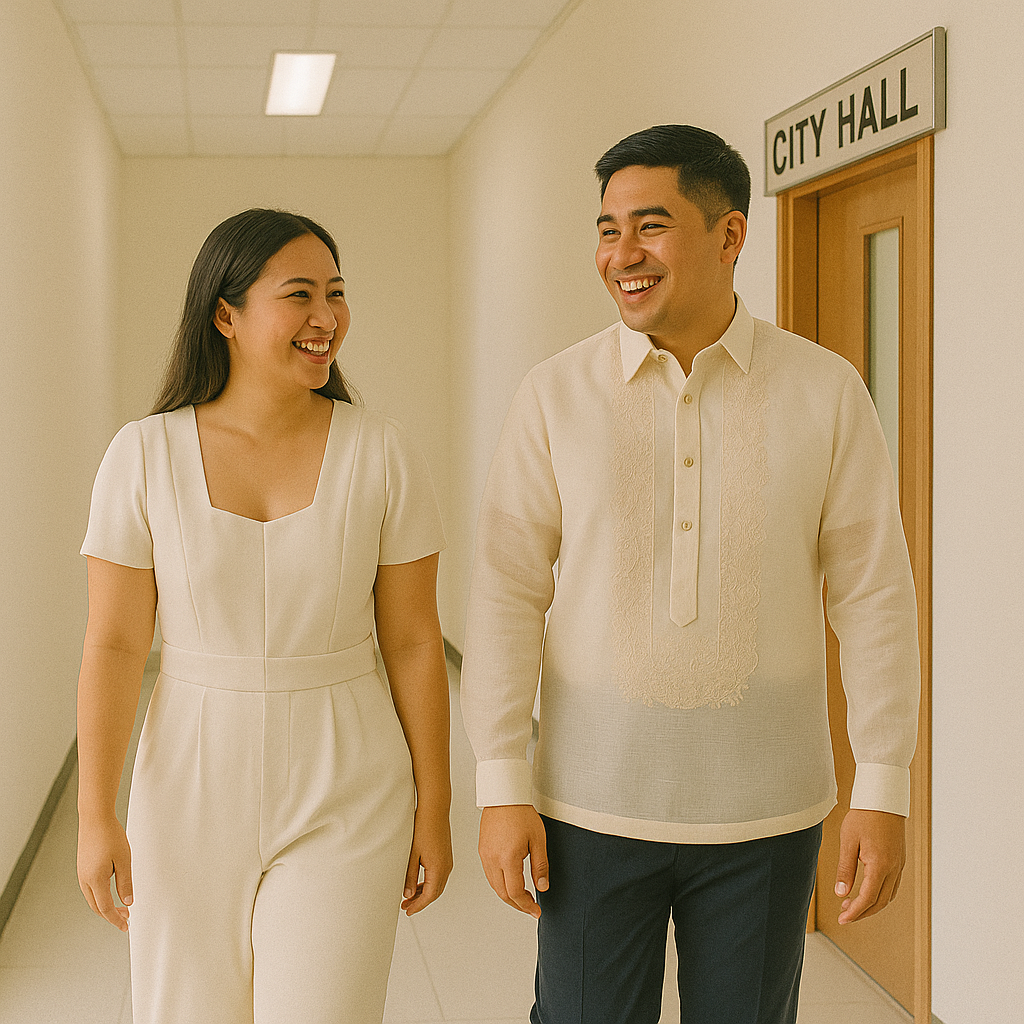 Couple testing city hall friendly outfits in a bright corridor