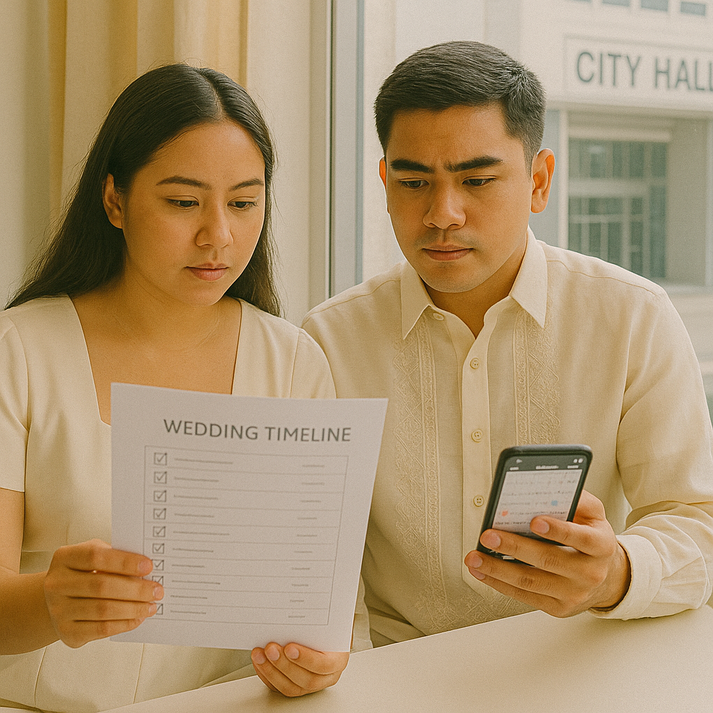 Couple reviewing a simple wedding day timeline near city hall
