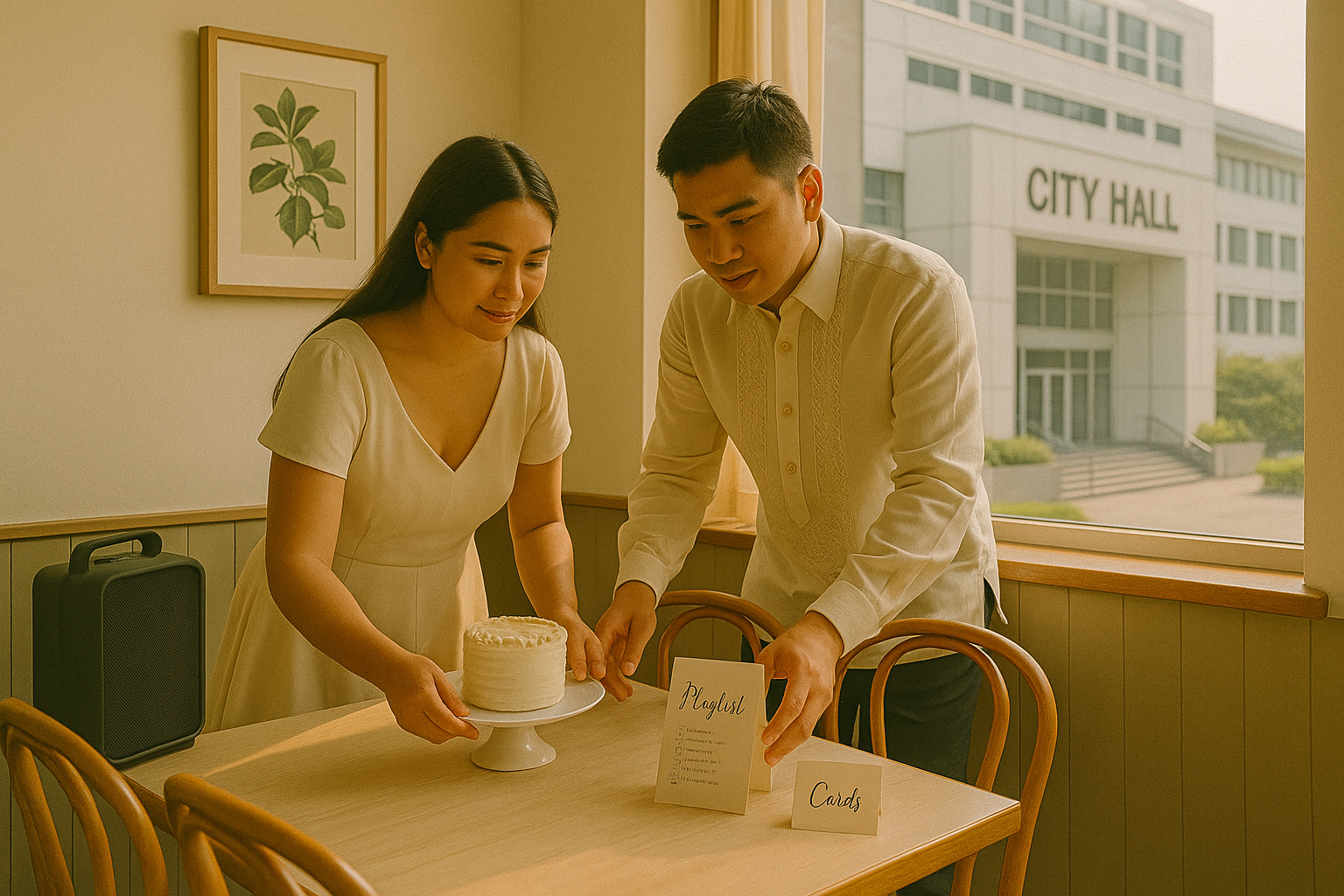 Couple setting a small cafe corner with a compact speaker for soft music