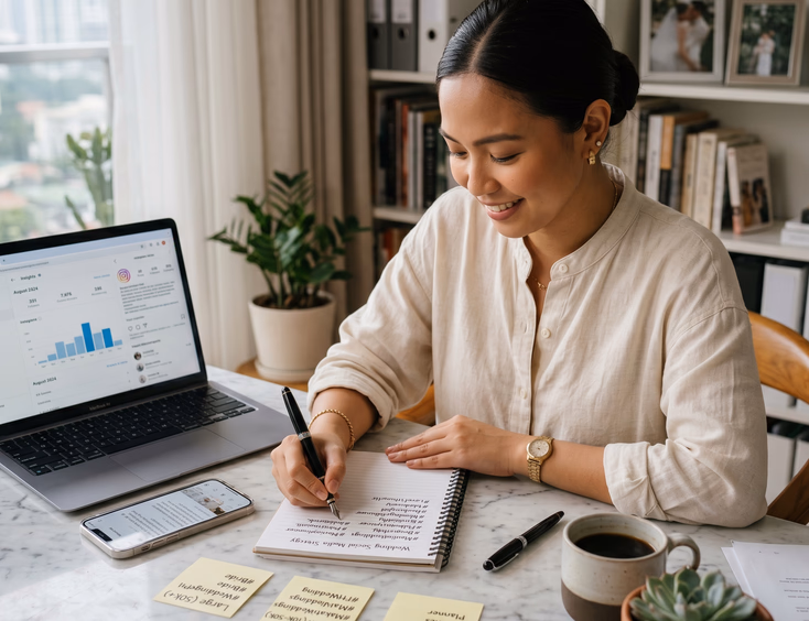 Filipino wedding coordinator researching Instagram hashtags at a desk in her Makati home office.