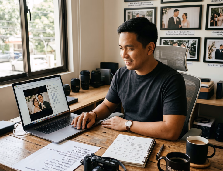 Filipino wedding videographer tagging suppliers on an Instagram post in his Marikina home studio.