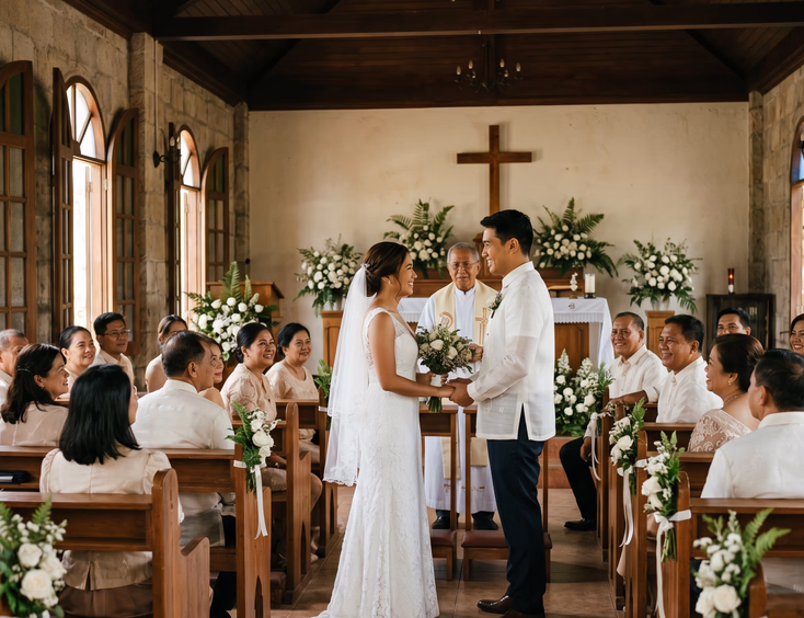 Filipino bride and groom exchanging vows inside a small intimate chapel with 30 guests and simple white altar florals in the Philippines