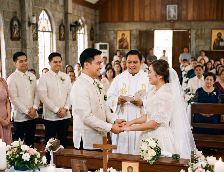 Filipino couple holding hands at a small chapel altar during a Catholic wedding ceremony officiated by a Filipino priest in the Philippines