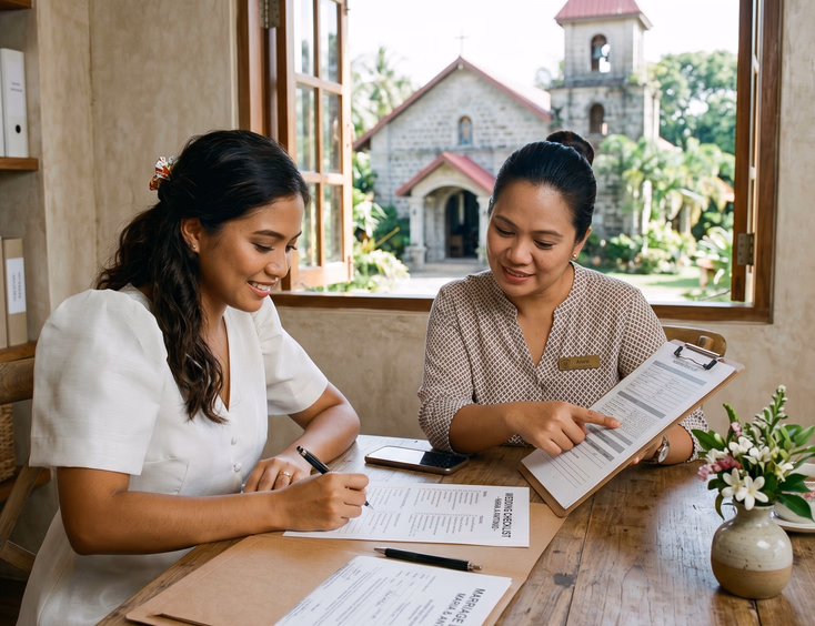 Filipino bride reviewing wedding documents and checklist with a wedding planner inside a room with a small chapel visible through the window