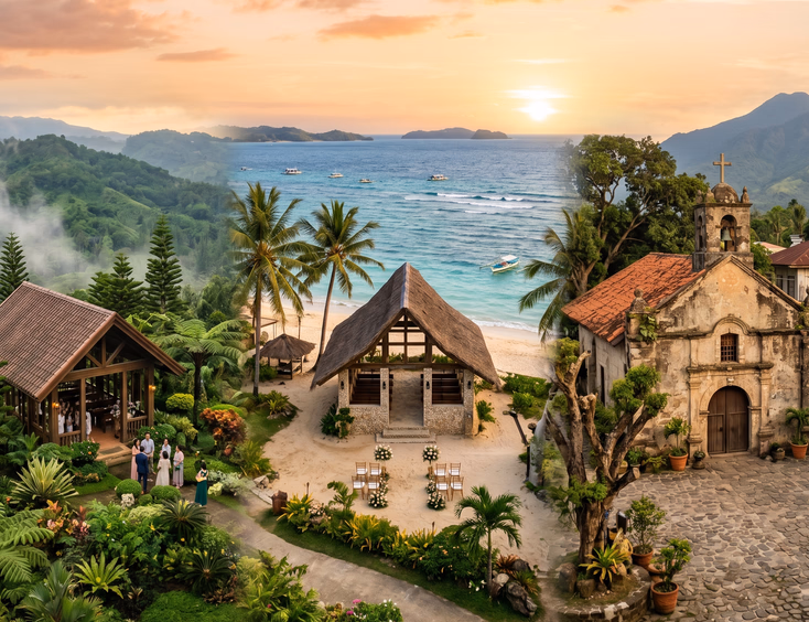 Collage of three Filipino intimate chapel wedding venues in Tagaytay, Cebu, and Laguna at golden hour