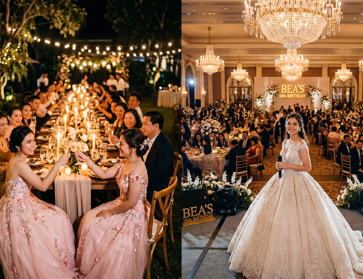 Split image comparing an intimate candlelit garden debut dinner in a pink gown with a grand hotel ballroom celebration in an ivory gown.