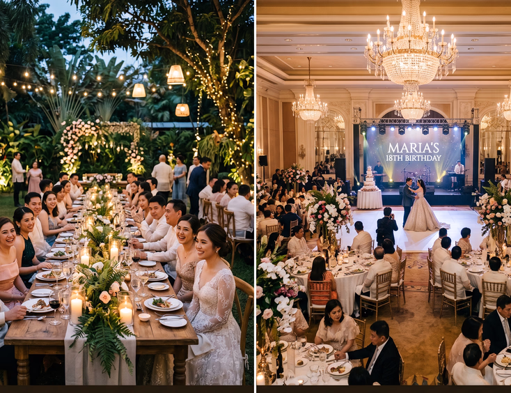 Side-by-side comparison of two Filipino debuts: an intimate candlelit garden dinner and a grand hotel ballroom reception with many guests.