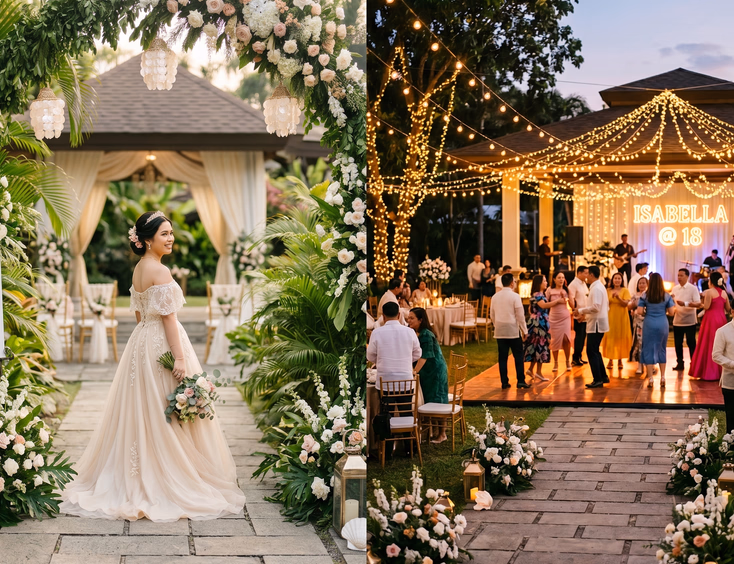 A Filipina debutante in a champagne gown at a daytime garden ceremony entrance, transitioning to a glowing evening party with string lights.