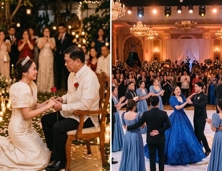 A split image showing an intimate 18 Roses ceremony in a garden with a father, and a grand cotillion dance on a ballroom stage.