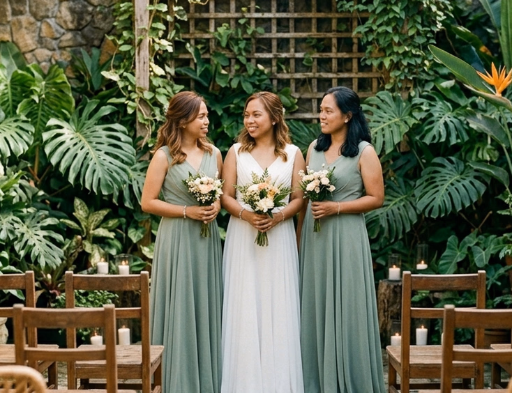 Filipina bride in white gown with two bridesmaids in sage green gowns at a sunlit garden ceremony with lush tropical greenery and wooden chairs