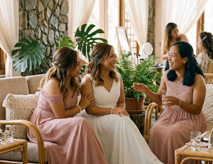 Filipina bride and two bridesmaids in blush dresses laughing together in a bright bridal suite with rattan furniture and sheer curtains