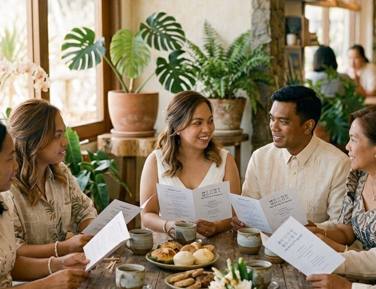 Filipina bride seated with parents and principal sponsors reviewing printed wedding programs in a bright private dining venue with wooden tables