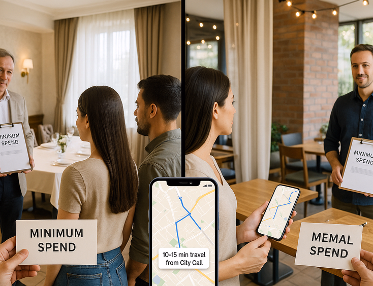 Couple comparing private room and semiprivate restaurant options with travel time
