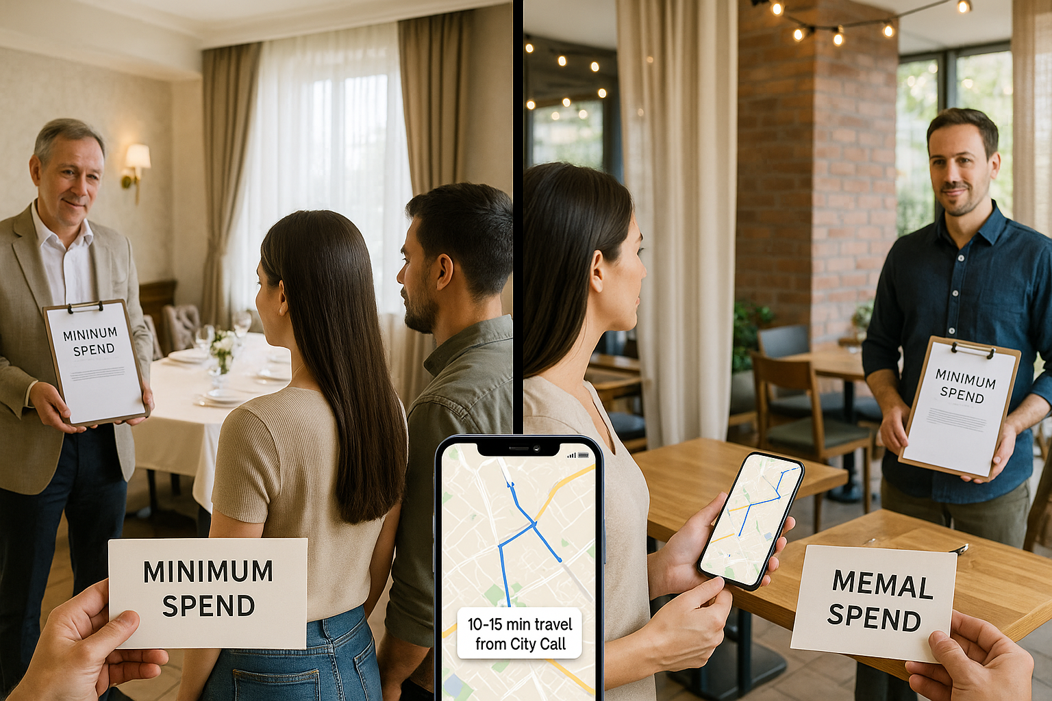 Couple comparing private room and semiprivate restaurant options with travel time