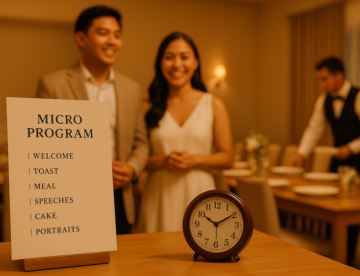 Micro program sheet with the couple practicing a short thank you before dinner
