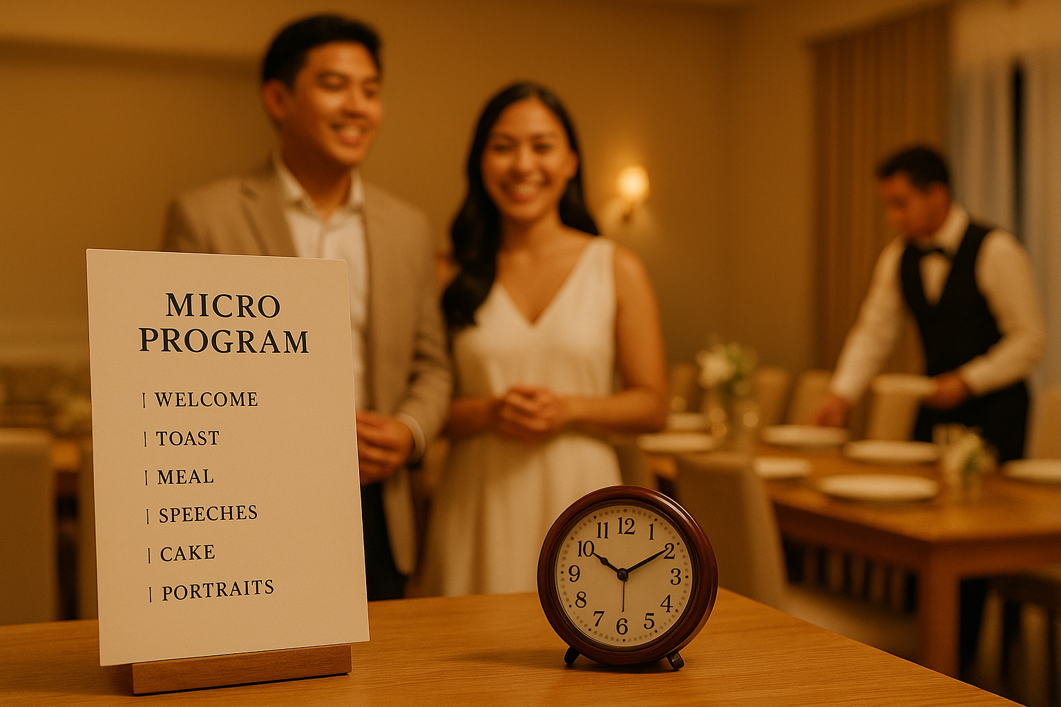 Micro program sheet with the couple practicing a short thank you before dinner